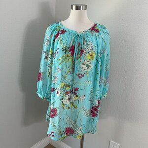 Daniel Rainn Womens Plus 1X Floral Peasant Blouse Aqua Blue Tunic Top 3/4 Sleeve